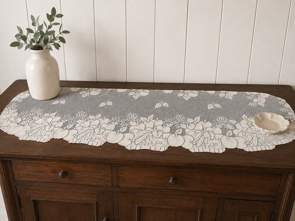 Vintage Floral Basket Lace Dresser Scarf Vanity Runner Ivory 65x19Cottagecore